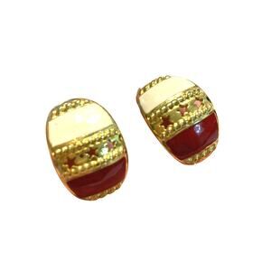 Retro pierced earrings red & white enamel on gold